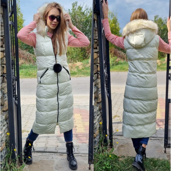 Дамски, дълъг елек с качулка, 115см, City Angels Jeans, Шампанско, 6805